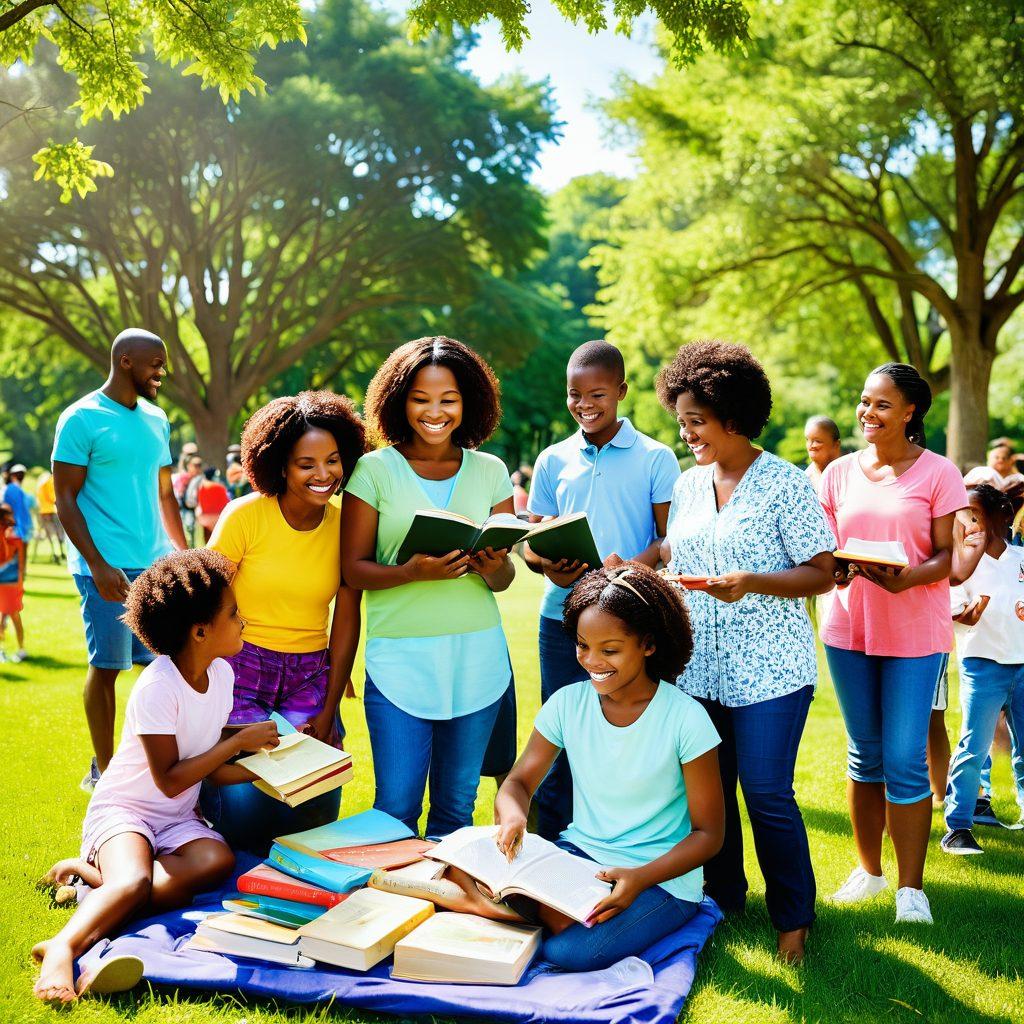 A heartwarming scene depicting diverse families engaging in community activities, showcasing smiling faces, children playing, and parents exchanging resources like books and tools. Include colorful banners representing support and collaboration, and a backdrop of a sunny park filled with greenery. super-realistic. vibrant colors. community-centric.