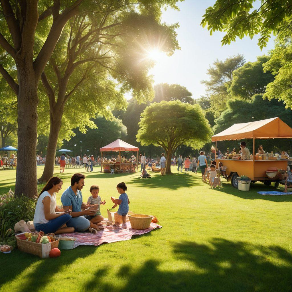 A warm and inviting family gathering in a sunlit park, with parents and children engaging in fun activities like playing games, cooking together, and sharing laughter. Include symbols of community support such as a local food stand and diverse families interacting. The background shows lush greenery and playful pets, enhancing the sense of connection and joy among families. super-realistic. vibrant colors. idyllic scene.