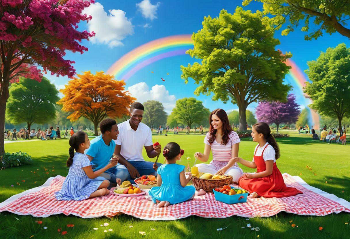 A joyful family engaged in various bonding activities like cooking together, playing games, and enjoying a picnic outdoors. The background features a vibrant park with blooming flowers, playful children, and a rainbow in the sky. Each family member is smiling, showcasing a sense of happiness and connection. The scene captures warmth, unity, and the essence of well-being. super-realistic. vibrant colors. cheerful ambiance.